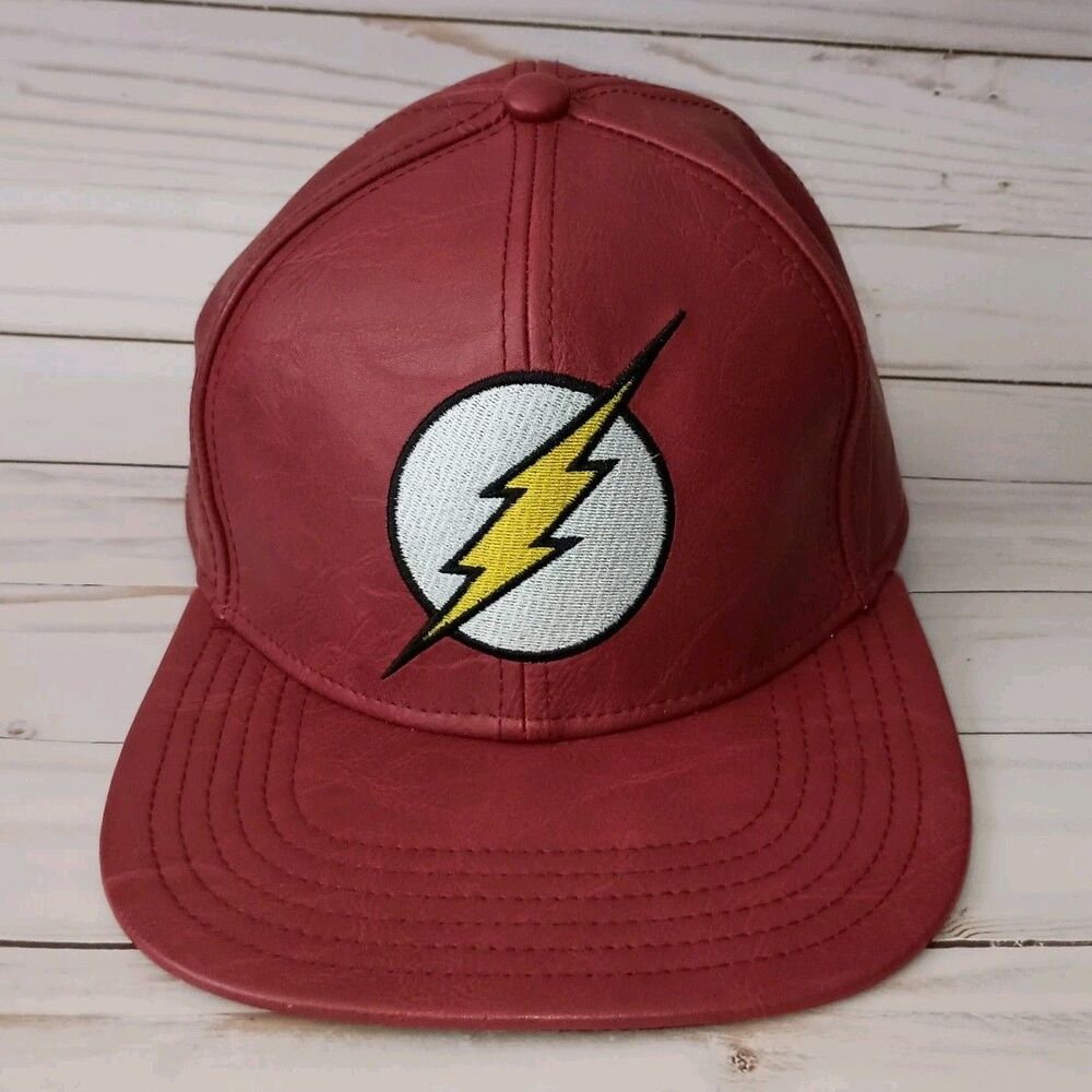 The Flash Hat Cap Snapback Red Faux Leather DC Comics Embroidered Lightning Logo
